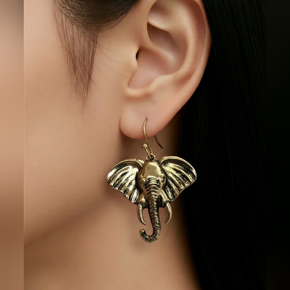 Antique Gold Elephant Earrings Dangle Drop Boho Safari Wild Animal Jewelry NWT